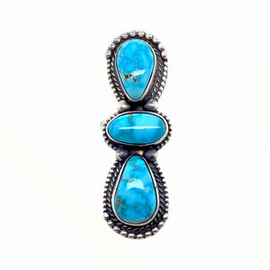 Native American Ring - Navajo Large Triple-Stone Row Sonoran Gold Turquoise Teardrops Sterling Silver Ring - Native American
