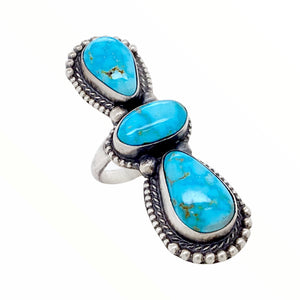 Native American Ring - Navajo Large Triple-Stone Row Sonoran Gold Turquoise Teardrops Sterling Silver Ring - Native American