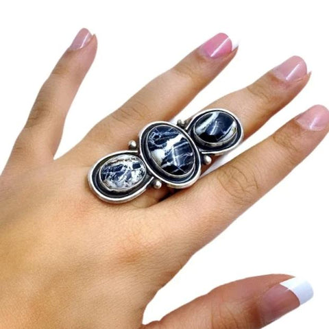 Image of Native American Ring - Navajo Large Triple-Stone Row White Buffalo Sterling Silver Ring - Paul Livingston - Native American