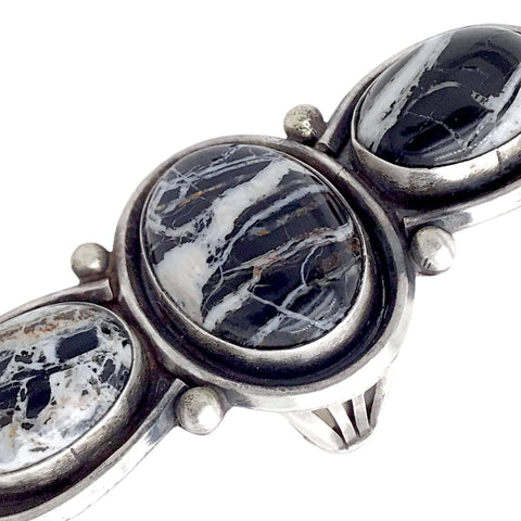 Image of Native American Ring - Navajo Large Triple-Stone Row White Buffalo Sterling Silver Ring - Paul Livingston - Native American