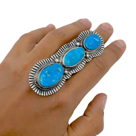 Image of Native American Ring - Navajo Large Triple-Stone Vertical Row Blue Bird Turquoise Engraved Sterling Silver Ring - Bobby Johnson - Native American