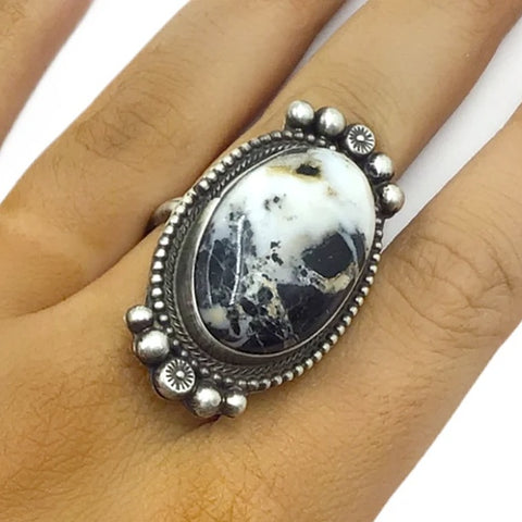 Image of Native American Ring - Navajo Large White Buffalo Oval Sterling Silver Ring - Sheila Becenti - Native American