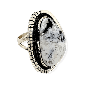 Native American Ring - Navajo White Buffalo Ring With Sterling Silver Cut Out Details