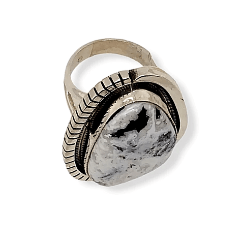 Image of Native American Ring - Navajo White Buffalo Ring With Sterling Silver Cut Out Details
