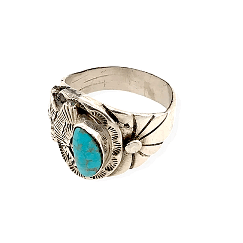 Image of Native American Ring - Paul Livingston Kingman Turquoise Ring With Eagle Detail - Navajo
