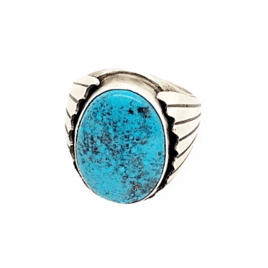 Image of Native American Ring - Paul Livingston Oval Spiderweb Kingman Turquoise Ring - Navajo