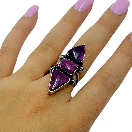 Image of Native American Ring - Stunning Navajo Purple Spiny Oyster Triple Stone Statement Ring - Richard Begay - Native American