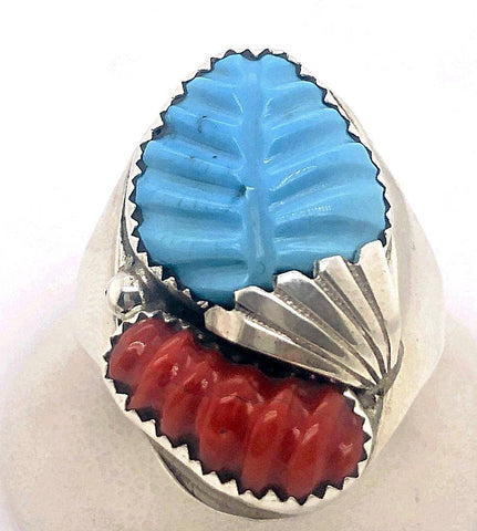Zuni Men's Turquoise and Coral Ring Native American