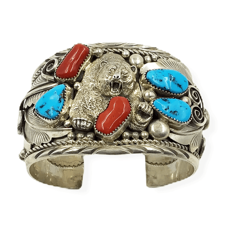 Image of Sold Navajo Turquoise & Coral Bear B.racelet - Native American