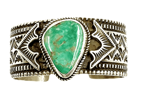 Image of sold Navajo Turquoise Wide B.racelet With Stamping - Native American
