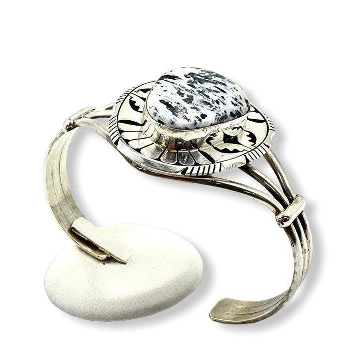 Navajo White Buffalo B.racelet-Fancy Silver Setting - Native American