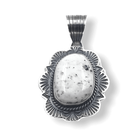 Image of White Buffalo Navajo Hand-Stamped Scalloped Edge Sterling Silver Pendant - Native American