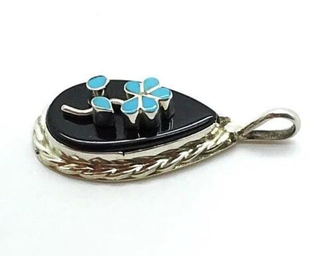 Image of Zuni Sterling Silver Raised Turquoise Flower Onyx Inlay Pendant - DL Chavez