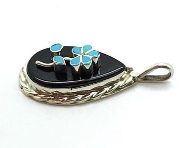 Zuni Sterling Silver Raised Turquoise Flower Onyx Inlay Pendant - DL Chavez